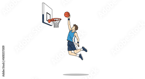 Pixel art athlete leaping high for a slam dunk during a basketball game play