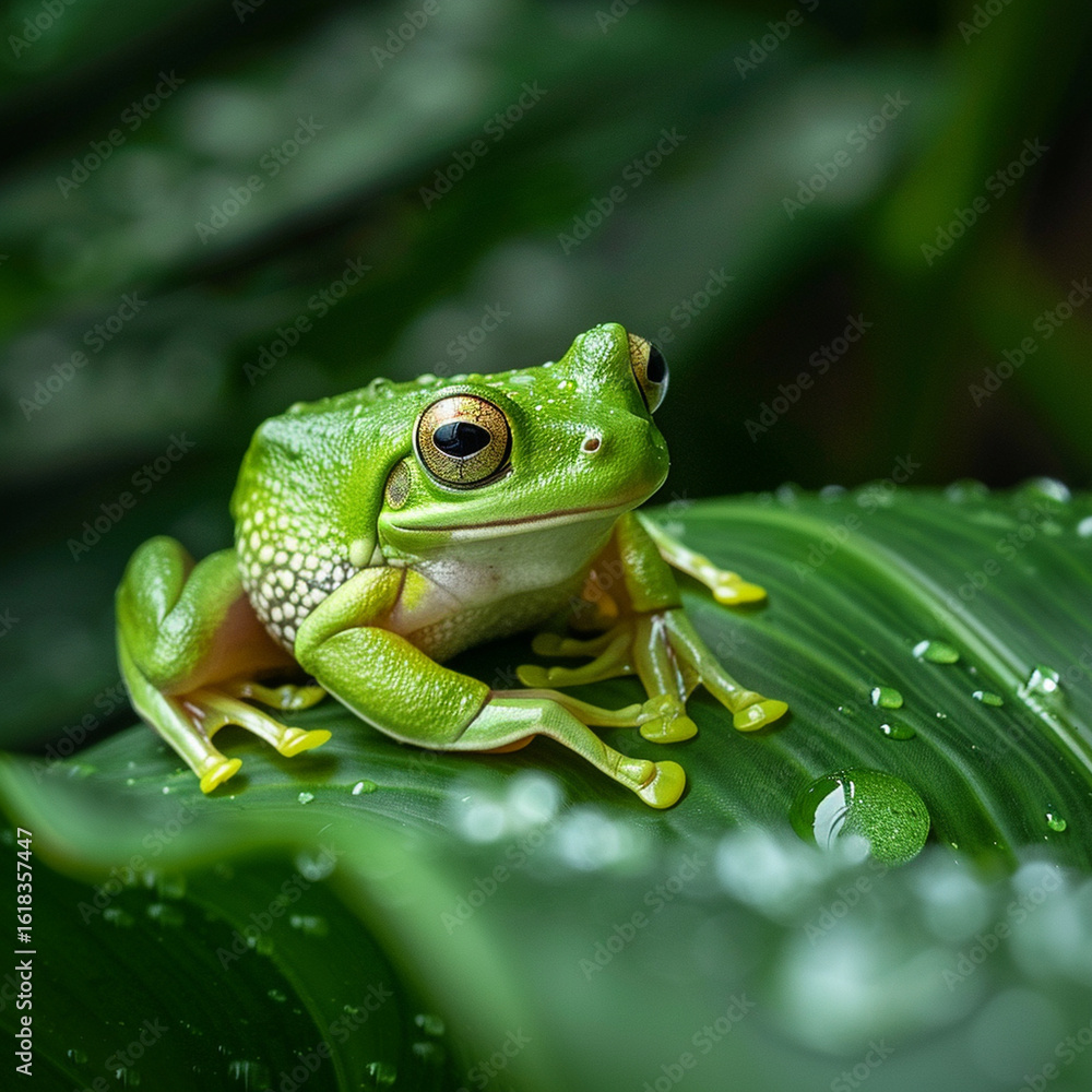 Obraz premium Tree Frog on Leaf with Water Droplets