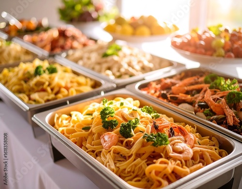 Close up view of a buffet table with various pasta and seafood dishes garnished with parsley