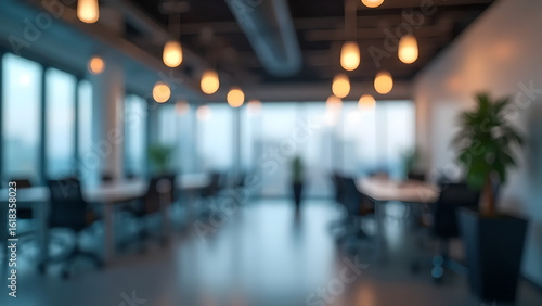 Wallpaper Mural A softly blurred futuristic office background with glowing bokeh lights, high-key lighting, a clear glass partition, and minimalist decor. Perfect for a tech website. Torontodigital.ca