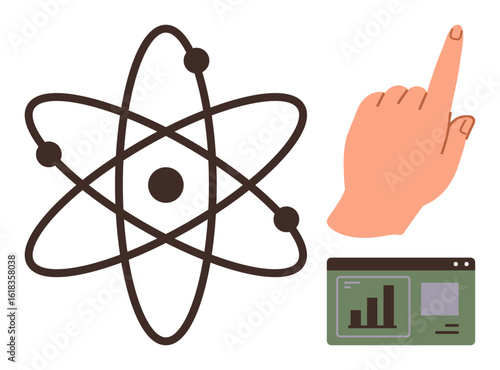 Atom diagram with orbiting electrons, hand pointing gesture, and data dashboard display. Ideal for science, education, technology, analytics, data interpretation innovation and research. Simple