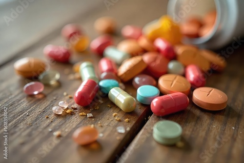 A close-up shot of various vitamin pills scattered on a wooden surface, some broken or crumbling, illustrating the concept of ineffective or low-quality vitamins , diet, spoiled, unhealthy