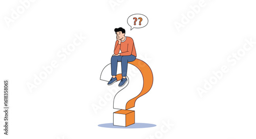 A young person sits on a giant question mark contemplating a complex problem or facing an uncertain future with confusion and introspection