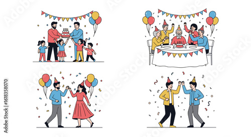Vibrant celebration scenes depicting joyful family gatherings and festive parties filled with decorations and laughter