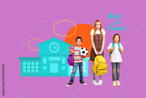 Full 3d art trend collage of three happy classmates girl boys wear uniform hold rucksack stand school building september season