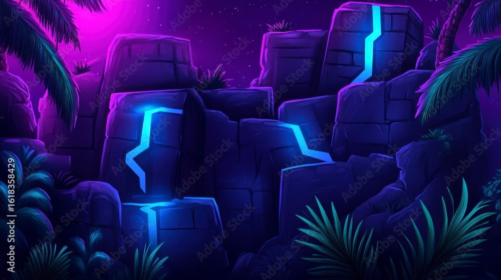 Obraz premium A vibrant and mystical landscape featuring glowing rocks in a tropical setting under a starlit sky