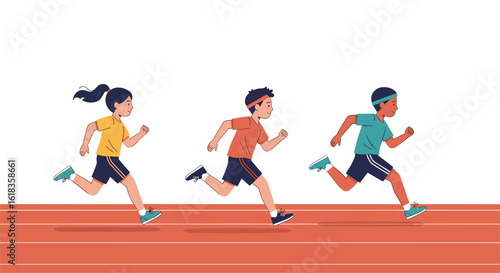 Children participating in a track and field race enjoying a healthy outdoor activity together