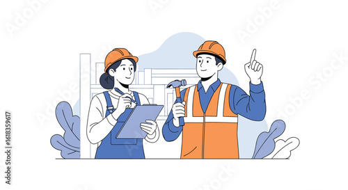 Construction site professionals discussing plans and safety protocols ensuring efficient project management and building quality