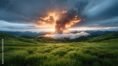 A breathtaking scene of a dramatic sunset amplifying a spectacular cloud formation in the mountains. This image evokes the power of nature and the beauty of the twilight sky.