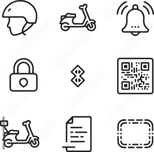 Urban Scooter Security Icon Pack – Helmet, Locked Scooter, Alarm Icon, Bluetooth Symbol, QR Code Tag, Trip Log, and Geofencing Boundary