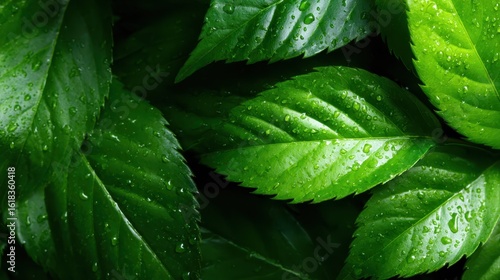 A close-up view of fresh green leaves adorned with glistening water droplets, symbolizing growth, freshness, and the beauty of nature in its vivid detail.