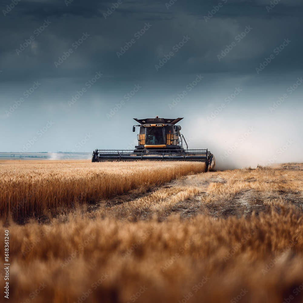 Fototapeta premium Harvesting time: A combine harvester working in a golden wheat field under stormy skies