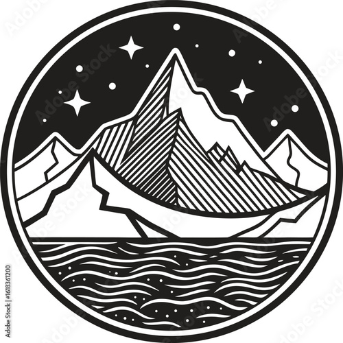 Mountain circle badge silhouette, outdoor adventure emblem vector, minimal nature scene with trees and mountain range, black flat hiking logo design, wild landscape badge illustration