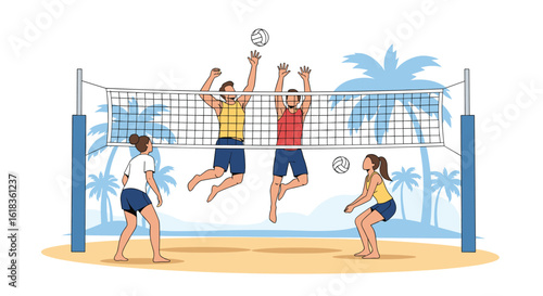 Four athletes compete in a beach volleyball match under tropical palm trees