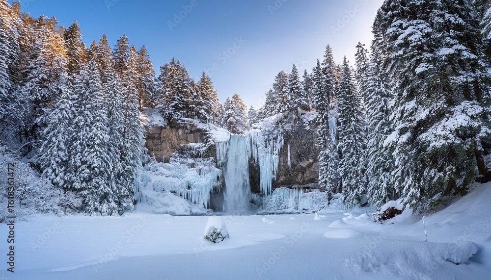 Fototapeta premium majestic frozen waterfall surrounded by snow covered pine trees in a winter wonderland landscape create a serene and tranquil atmosphere