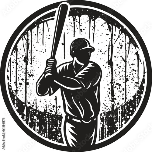 Baseball player silhouette with bat, action pose vector illustration, athletic sports icon, black flat graphic design, batter swinging bat, team sport symbol for game or training concept