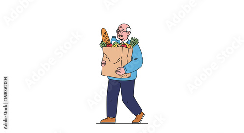 An elderly man walks home carrying a heavy bag filled with groceries and food items he just bought from the market