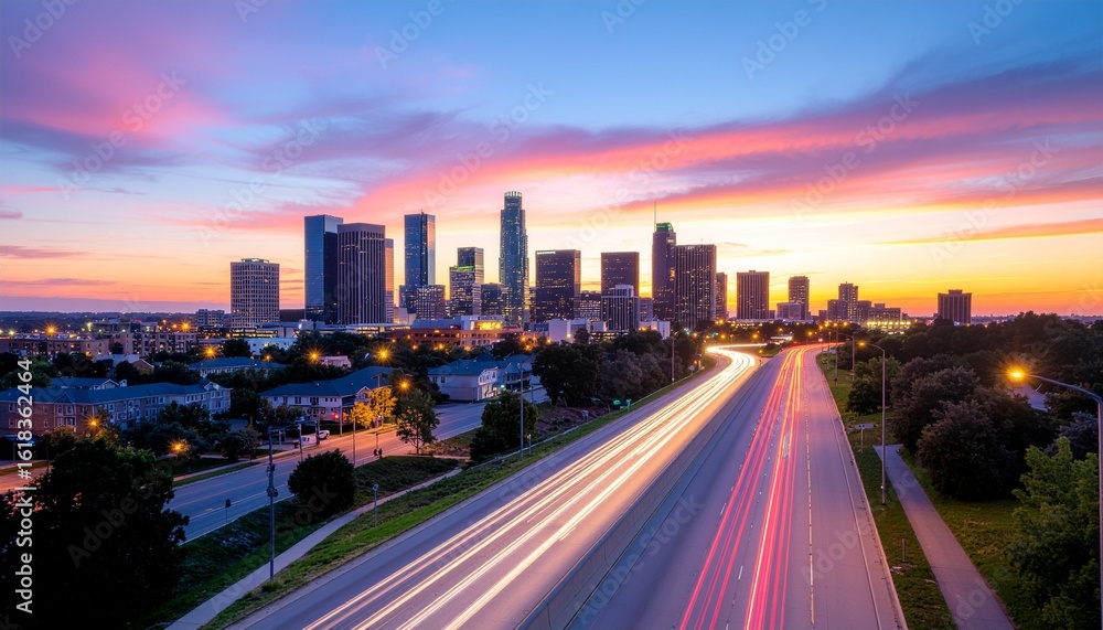 Fototapeta premium Colorful twilight sky over a downtown cityscape with highway light trails.
