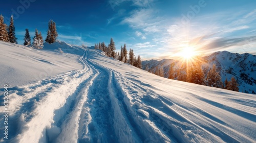 A stunning winter sunrise casting warm, golden light over a serene landscape of snowy mountains, evoking feelings of peace and tranquility amid nature’s majestic beauty.