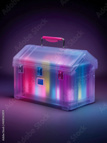 Transparent glass toolbox glowing with colorful neon lights on a dark background.