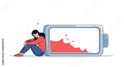 Young woman sitting next to a low battery indicator illustrating emotional exhaustion and mental fatigue overwhelming a person feeling drained