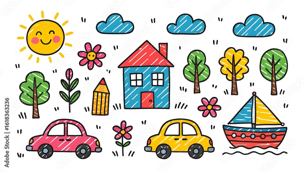 Obraz premium Whimsical child drawing of a house, trees, cars, flowers, sun, sailboat, and clouds on a white background, all colored in with crayon scribbles of red, yellow, green, and blue , crayon, illustration, 