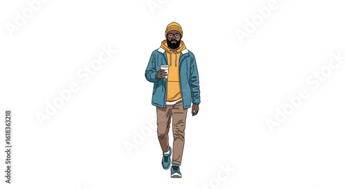Pixelated illustration of a person walking with a coffee cup on a white background