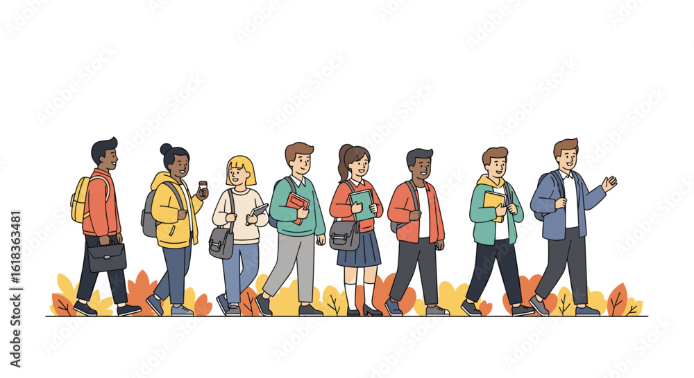 Fototapeta premium Diverse group of young students walking together during a beautiful autumn season with colorful fallen leaves scattered around them