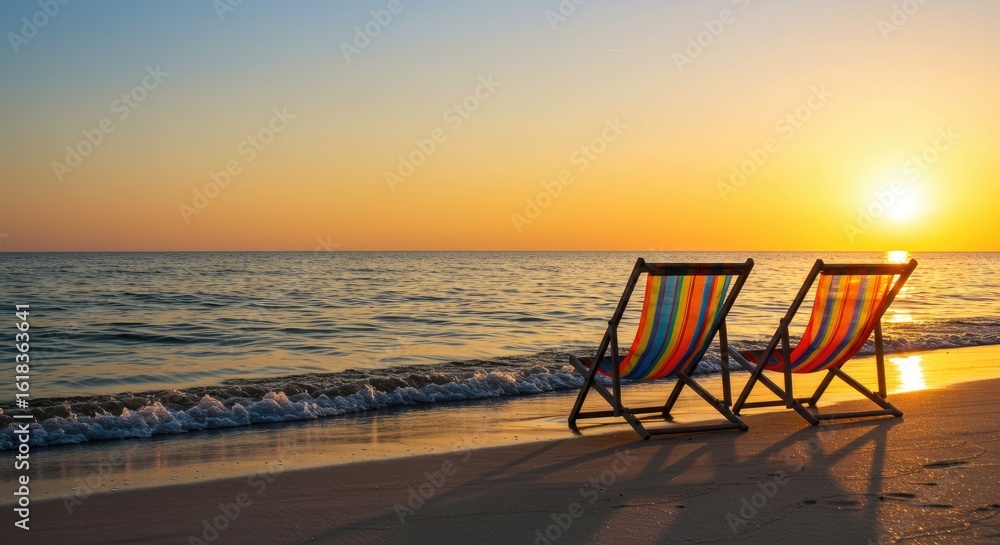 Colorful beach chairs at sunset Colorful beach chairs at sunset