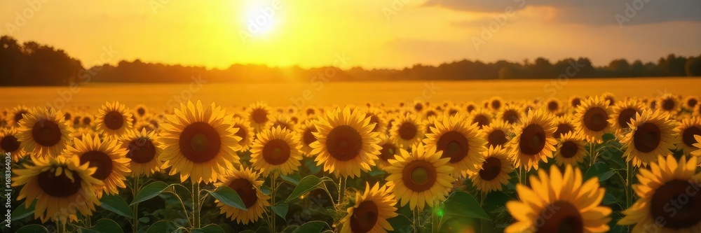 Fototapeta premium Golden hour sunlight illuminates a vibrant yellow field of sunflowers, stretching to the horizon The scene evokes warmth, joy, and the beauty of nature's vibrant hues , flowers, abundance
