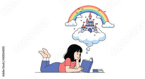A young girl lies on her stomach engrossed in a book imagining a magical castle amidst the clouds under a vibrant rainbow overhead
