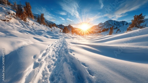 A breathtaking winter landscape filled with untouched snow, where footprints lead towards a picturesque sunrise, evoking feelings of peace, tranquility, and new beginnings.