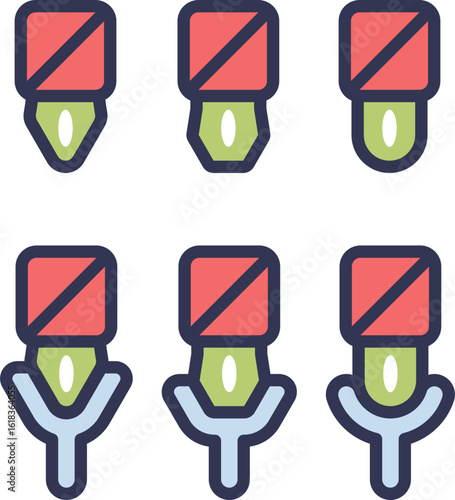 Pharmacology icons illustrating an antagonist drug molecule binding to a receptor. This action blocks the natural agonist, demonstrating the concept of competitive inhibition and drug mechanism.