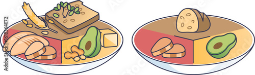 An illustration comparing a full meal with a calorie-restricted one. The plates show portion control with chicken, avocado, and bread, symbolizing a diet plan for weight management.