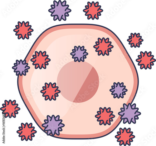 An illustration of a biological cell under attack by free radicals. This visual represents the concept of oxidative stress, leading to cellular damage and inflammation.