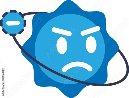 An angry blue free radical cartoon with an orbiting electron. This illustration visually represents an unstable molecule causing oxidative stress and cellular damage.
