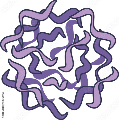 A stylized illustration of an amyloid plaque. Tangled purple ribbons represent misfolded protein fibrils, a key pathological feature of neurodegenerative diseases like Alzheimer's.