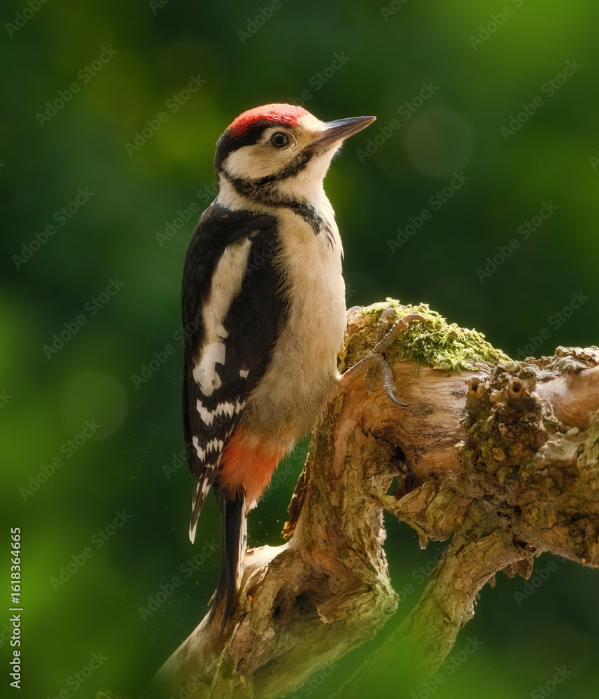Fototapeta premium Great Spotted Woodpecker on a mossy beautiful branch and green blurred background