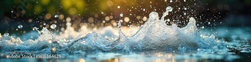 Joyful water splashing, vibrant droplets suspended mid-air, glistening sunlight reflecting off the playful spray  Perfect for themes of refreshment, nature, and pure fun ,  garden,  leaves,  movement