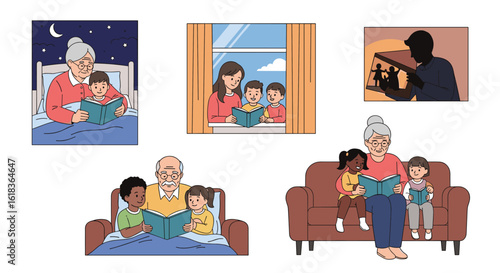 Grandparents read bedtime stories to grandchildren creating cherished family memories together