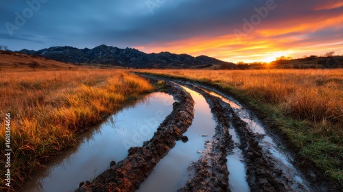 A peaceful rural landscape featuring a muddy track reflecting beautiful sunset colors, surrounded by fields and distant mountains, evoking a sense of journey and natural beauty.