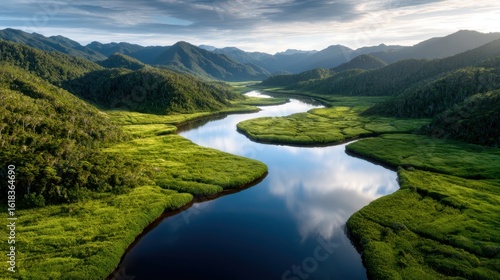 This breathtaking aerial view showcases a winding river flowing through a verdant landscape, framed by majestic mountains under a tranquil sky filled with soft clouds.