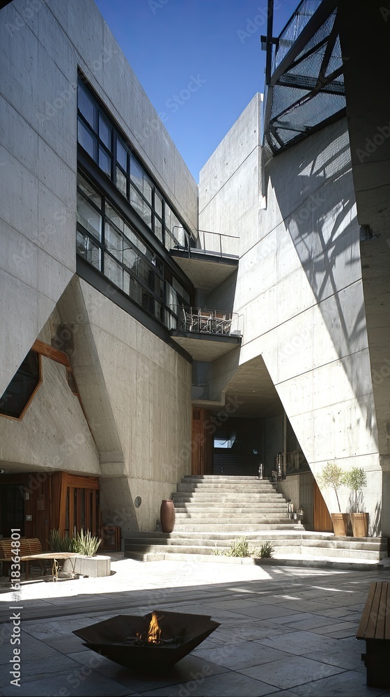 Fototapeta premium Modern concrete courtyard with angled walls and stairs
