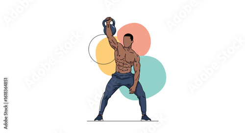 Powerful man demonstrates kettlebell swing exercise for a full body workout and strength training routine