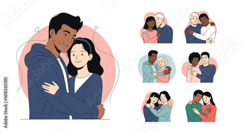 Illustrations of diverse couples embracing showing affection and connection in different poses