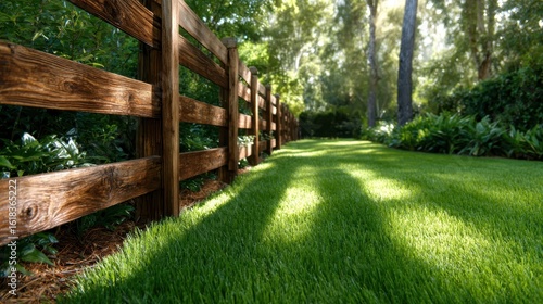 A scenic view of a vibrant green lawn bordered by a rustic wooden fence and bathed in dappled sunlight, ideal for evoking feelings of peace and outdoor leisure activities.