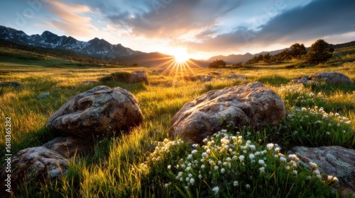 A breathtaking view of the golden sunrise illuminating mountain peaks and a verdant landscape, embodying the tranquility and beauty of nature at dawn in a scenic location.