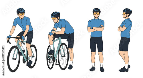 Athletic man in cycling attire poses with bicycle and standing independently demonstrating active lifestyle and fitness activities