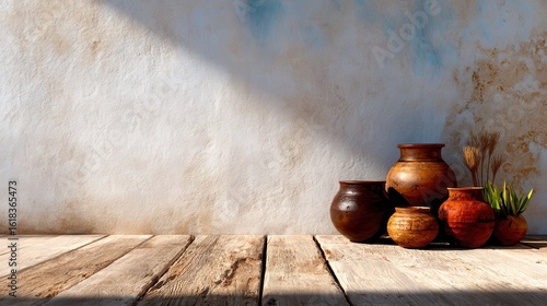 This rustic image captures a collection of clay pots in various sizes on a wooden floor, emphasizing their textures along with the play of shadows and light for added depth.