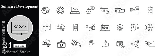 Software development and programming line icon set featuring coding testing and deployment for app development creating scalable software solutions